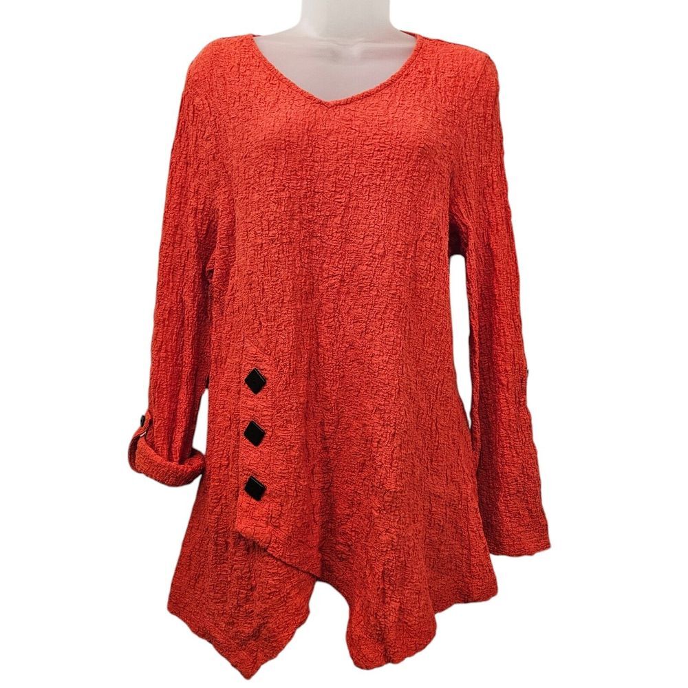 Ali Miles Top L Burnt Orange Textured Roll Tab Asymmetrical‎ Hem Boho Minimalist